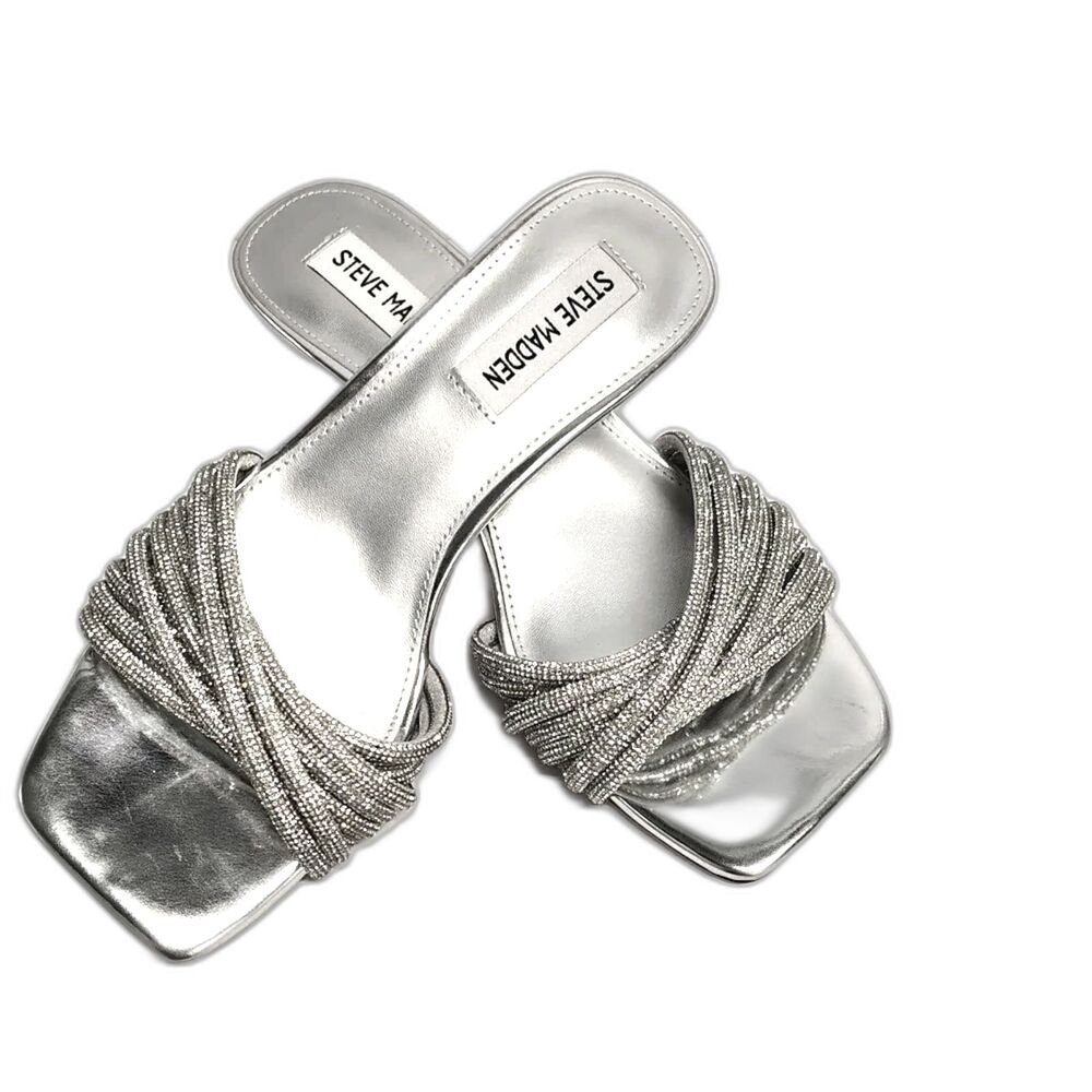 Steve Madden Solange Silver Rhinestone Slide Heels Square Toe Sandals 10M